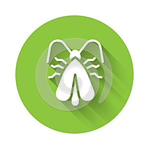 White Clothes moth icon isolated with long shadow. Green circle button. Vector