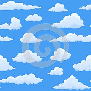 White cloud blue sky seamless pattern vector illustration. Decorative childish wallpaper cloudscape