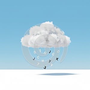 White Cloud with Falling Letters on Blue Background