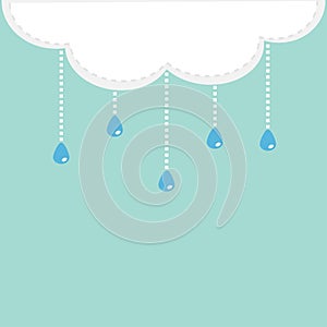 White cloud with hanging shining rain drops. Template. Dash line hanging water shape. Blue background. . Flat design.