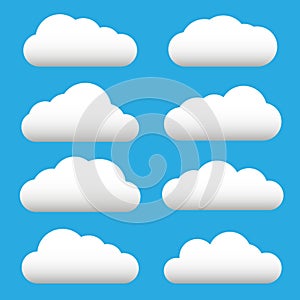 White cloud icon set. Fluffy clouds. Cloudy weather sign symbols. Flat design Web, app decoration element. Vector illustration