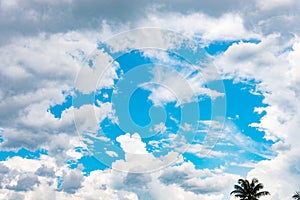 White cloud and rain cloud on blue sky background image.