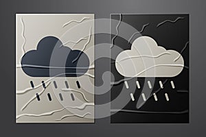 White Cloud with rain icon isolated on crumpled paper background. Rain cloud precipitation with rain drops. Paper art