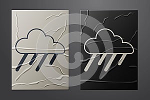 White Cloud with rain icon isolated on crumpled paper background. Rain cloud precipitation with rain drops. Paper art