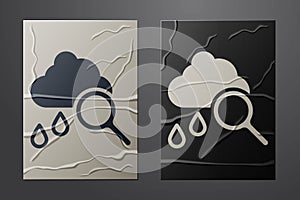 White Cloud with rain icon isolated on crumpled paper background. Rain cloud precipitation with rain drops. Paper art