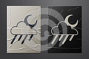 White Cloud with rain and moon icon isolated on crumpled paper background. Rain cloud precipitation with rain drops