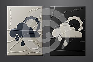 White Cloud with rain and sun icon isolated on crumpled paper background. Rain cloud precipitation with rain drops