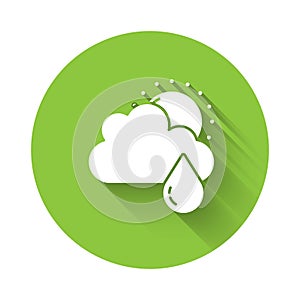 White Cloud with rain and sun icon isolated with long shadow. Rain cloud precipitation with rain drops. Green circle