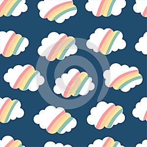 White cloud with rainbow inside floating on the blue sky. Positive and dreaming background for kids