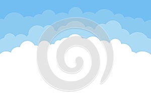 White cloud shape on blue sky background. Border of clouds. Simple flat style of different clouds. High environment