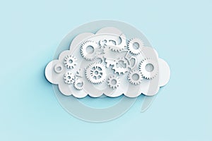 Cloud computing concept with gears, representing technology and innovation on a light blue background