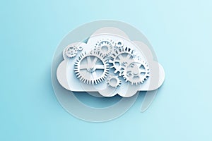 Cloud computing concept with gears, representing technology and innovation on a light blue background