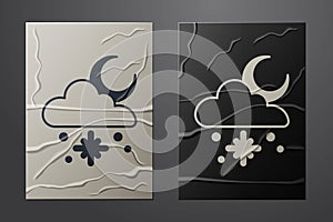 White Cloud with snow and sun icon isolated on crumpled paper background. Cloud with snowflakes. Single weather icon