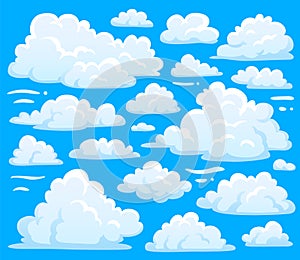 White cloud symbol for cloudscape background. Cartoon clouds symbols set for cloudy sky climate illustration vector