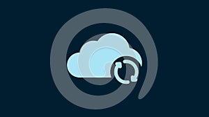 White Cloud sync refresh icon isolated on blue background. Cloud and arrows. 4K Video motion graphic animation