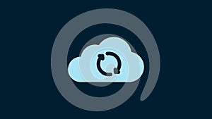 White Cloud sync refresh icon isolated on blue background. Cloud and arrows. 4K Video motion graphic animation