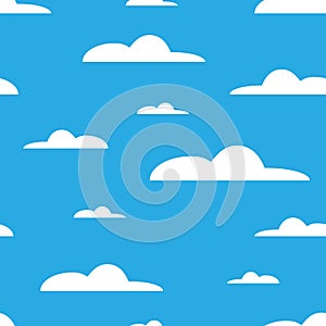 White clouds on blue background. Sky seamlesss pattern. Cartoon modern white clouds in flat design isolated. Design for