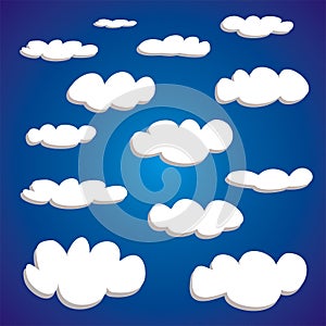 White clouds on blue sky background vector set. Cloud computing concept cartoon or bubble speech collection for flat design