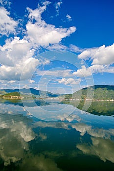 White clouds blue sky beautiful lake with wonderful mirror reflecion