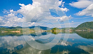 White clouds blue sky beautiful lake with wonderful mirror reflecion