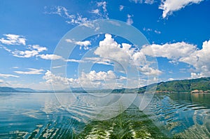 White clouds blue sky beautiful lake with wonderful mirror reflecion