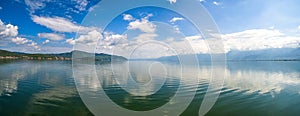 White clouds blue sky beautiful lake with wonderful mirror reflecion