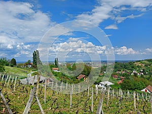 White clouds on blue sky over Virovitica and green landscape of Croatia