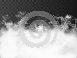 White clouds on the dark transparent background. Thick strong smoke from fire or conflagration. 3d realistic vector