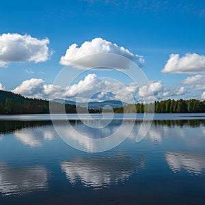 White clouds drift lazily over lake against blue sky backdrop