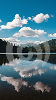 White clouds drift lazily over lake against blue sky backdrop