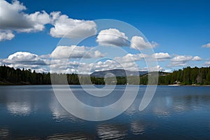 White clouds drift lazily over lake against blue sky backdrop