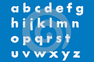 White clouds of English alphabet character from a to z. on the blue background. small alphabet.