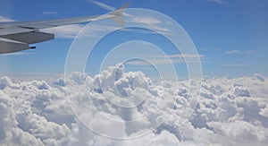 white clouds at 40000 feet altitude from the airplane seeing a piece of the wing