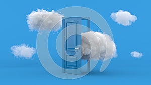 White clouds going through, flying out, open blue door, objects isolated on bright blue background. Abstract metaphor, modern