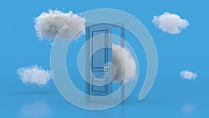 White clouds going through, flying out, open blue door, objects isolated on bright blue background. Abstract metaphor, modern