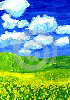 White clouds over a flowering rapeseed field. Children`s drawing