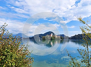 white clouds over Julian Alps and lake Bled. Slovenia