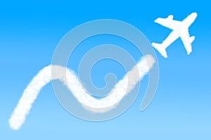 White clouds of plane shape with white smoke on the blue sky background. for business concept.