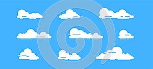 White clouds set isolated on a blue background. Simple cute cartoon design. Icon or logo collection. Realistic elements. Flat