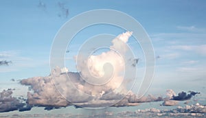 White clouds of various shapes against the blue sky and the sun above the surface of the ocean.