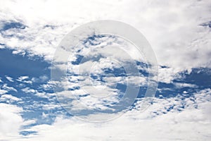 White clouds of various shapes against the blue sky and the sun above the surface of the ocean.