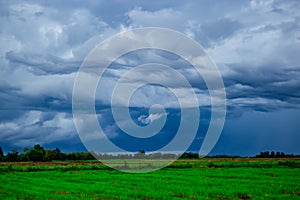 White cloudy sky and blue sky background over the local rice fields in countryside landscape of Thailand