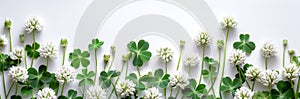 White clover flowers on textured white background with copy space. Spring and summer wild flowers. Gardening. Generative AI