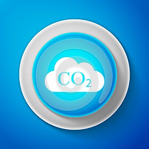 White CO2 emissions in cloud icon isolated on blue background. Carbon dioxide formula symbol, smog pollution concept