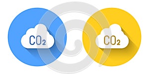 White CO2 emissions in cloud icon isolated with long shadow background. Carbon dioxide formula, smog pollution concept