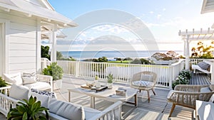 White coastal cottage terrace decor in the English countryside style with a seaview by the seaside, home decor and