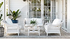 White coastal cottage terrace decor in the English countryside style with a seaview by the seaside, home decor and