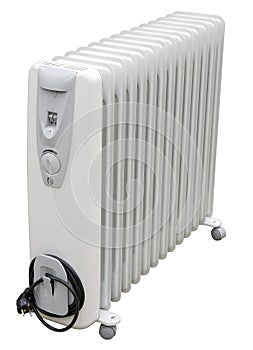 White coastal electric heater on oil with european AC plug on white background. Isolated with clipping path.