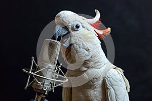 White cockatoo parrot is singing song in microphone on karaoke stage at the club. Parrot singer isolated on black