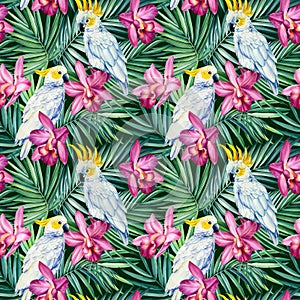 White cockatoo parrot, tropical pink flowers and palm leaves Seamless pattern, watercolor illustration